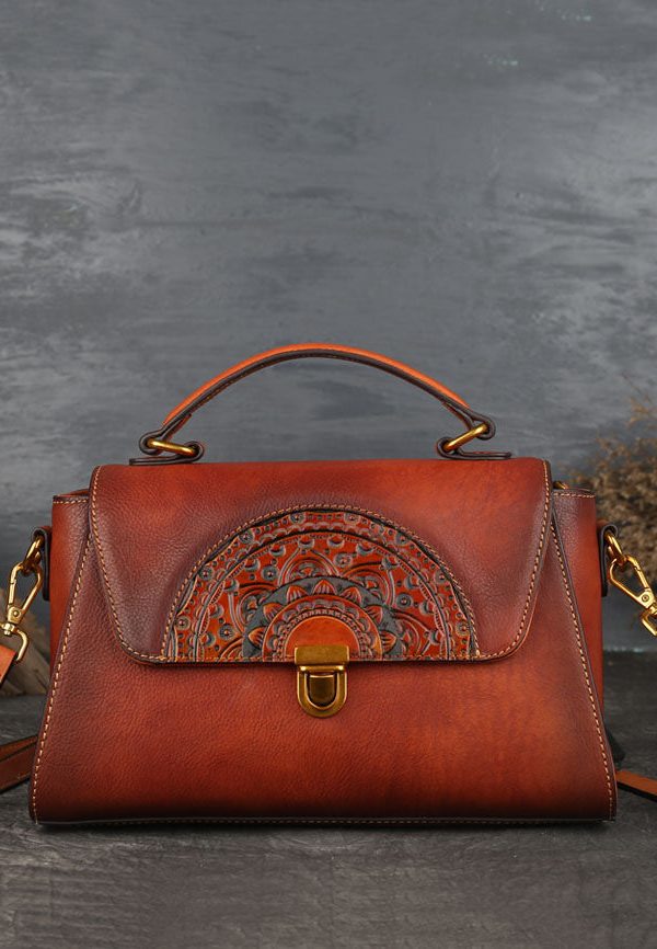 Chic Orange Brown The Sunflowers Calf Leather Tote Handbag