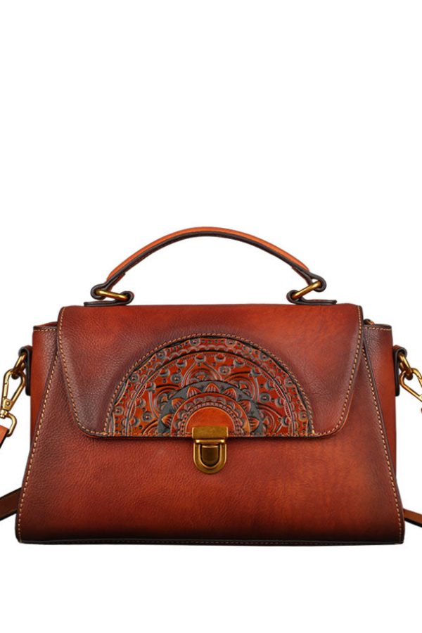 Chic Orange Brown The Sunflowers Calf Leather Tote Handbag