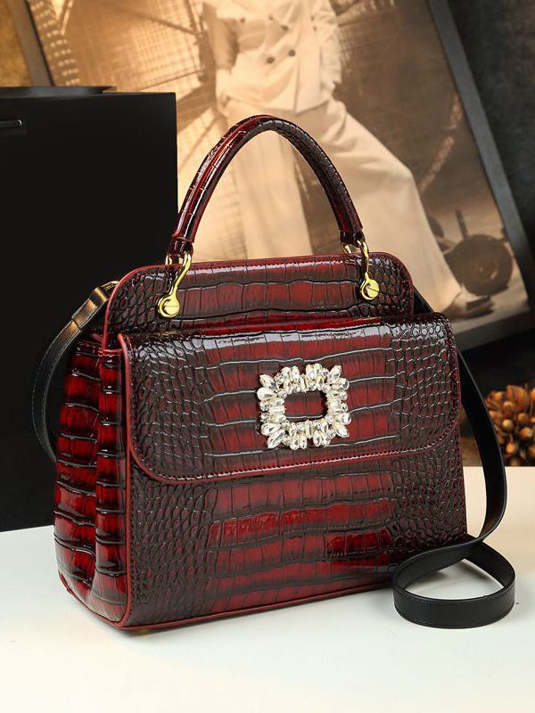 Chic Orange Zircon Embossed Calf Leather Tote Handbag