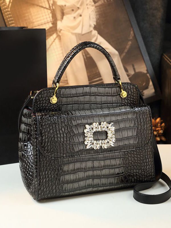 Chic Orange Zircon Embossed Calf Leather Tote Handbag