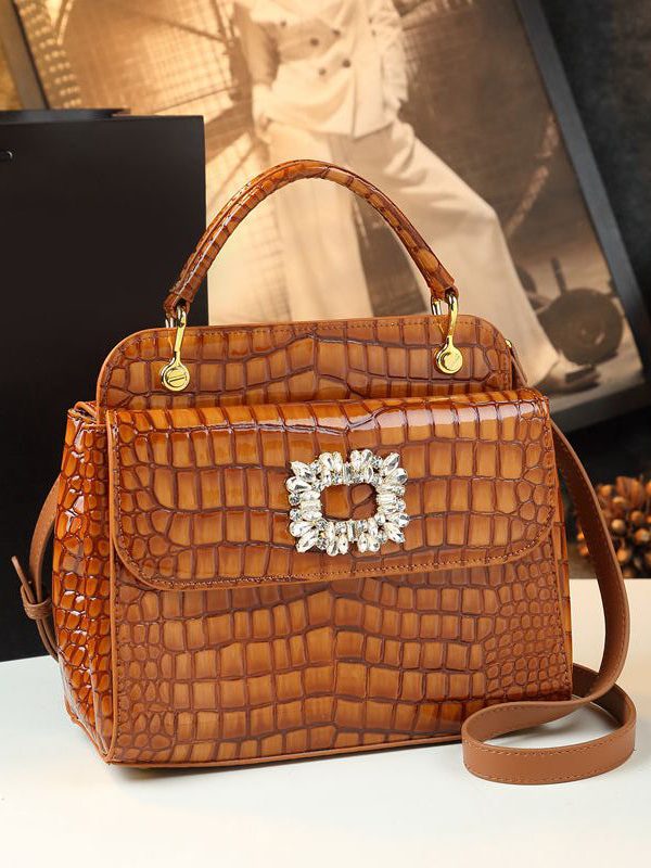 Chic Orange Zircon Embossed Calf Leather Tote Handbag