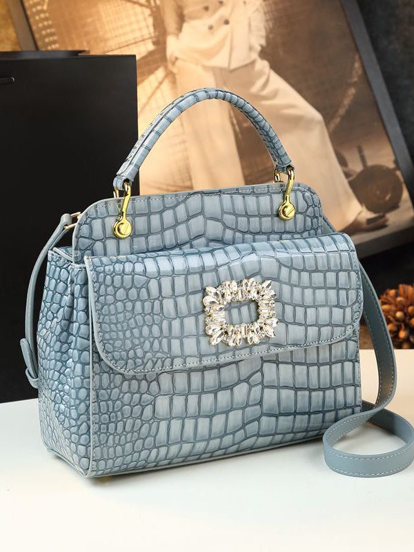 Chic Orange Zircon Embossed Calf Leather Tote Handbag