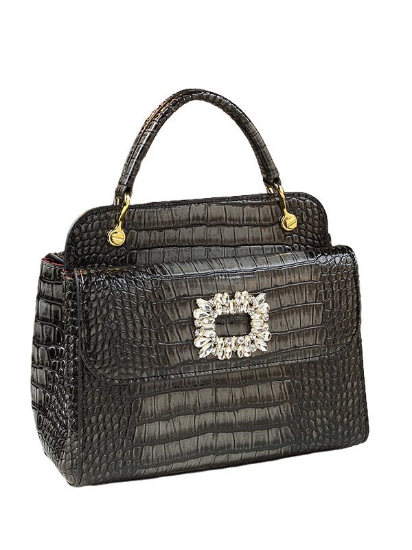 Chic Orange Zircon Embossed Calf Leather Tote Handbag