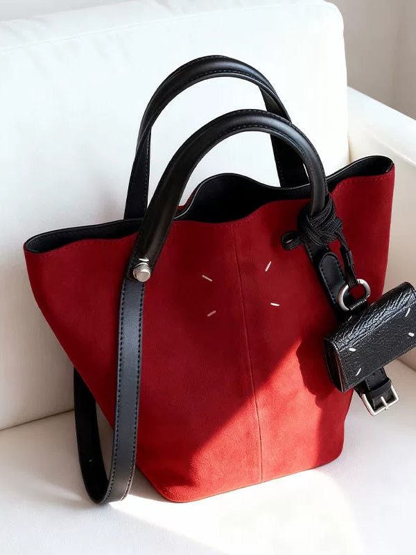 Chic Red Large Capacity Suede Bucket Bag