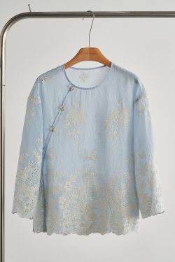 Chic Sky Blue Embroidered Hollow Out Cotton Top Spring