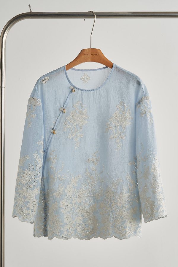 Chic Sky Blue Embroidered Hollow Out Cotton Top Spring