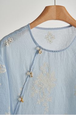 Chic Sky Blue Embroidered Hollow Out Cotton Top Spring