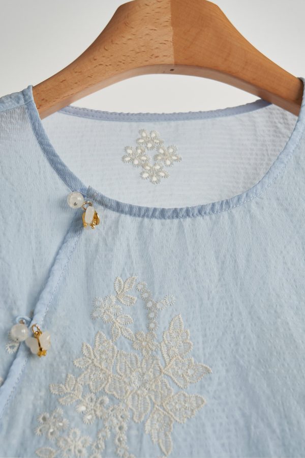 Chic Sky Blue Embroidered Hollow Out Cotton Top Spring