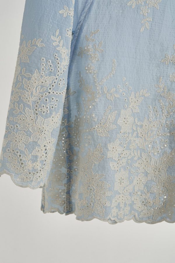 Chic Sky Blue Embroidered Hollow Out Cotton Top Spring