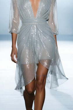 Chic Sky Blue Sequins Tulle Dinner Dress Summer