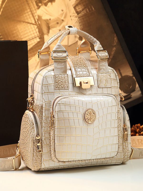 Chic White Embossed Pockets Calf Leather Tote Backpack Bag