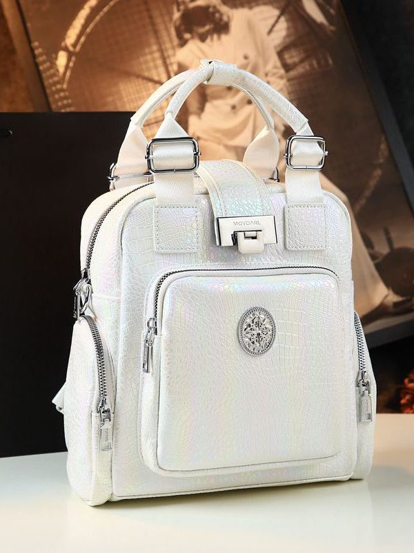 Chic White Embossed Pockets Calf Leather Tote Backpack Bag