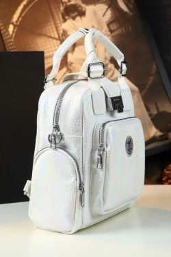 Chic White Embossed Pockets Calf Leather Tote Backpack Bag