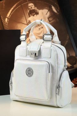 Chic White Embossed Pockets Calf Leather Tote Backpack Bag