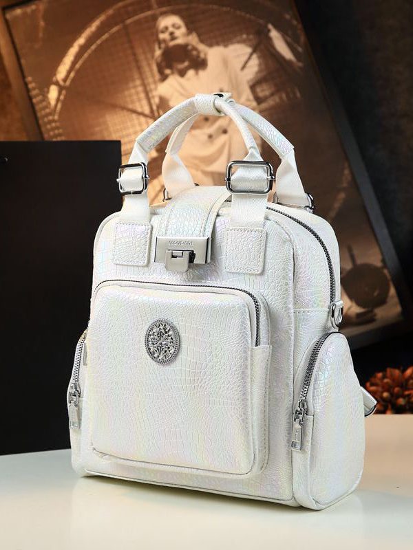 Chic White Embossed Pockets Calf Leather Tote Backpack Bag
