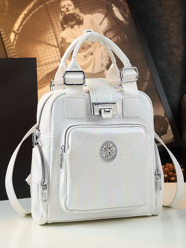 Chic White Embossed Pockets Calf Leather Tote Backpack Bag