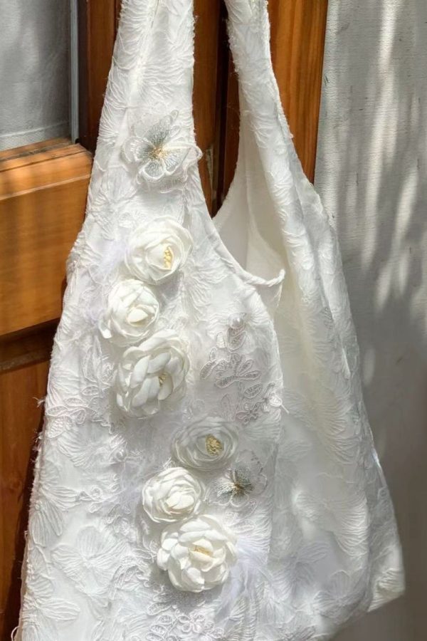 Chic White Floral Decorated Canvas Satchel Handbag