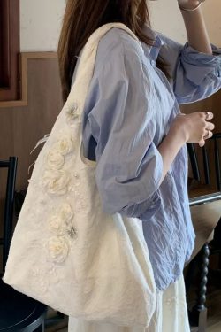 Chic White Floral Decorated Canvas Satchel Handbag