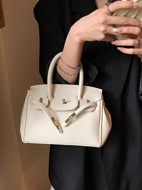 Chic White Solid Durable Faux Leather Tote Handbag