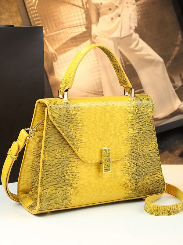 Chic Yellow Embossed Durable Calf Leather Tote Handbag