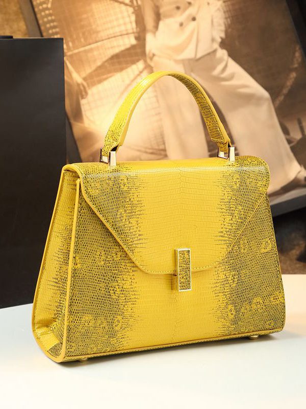 Chic Yellow Embossed Durable Calf Leather Tote Handbag