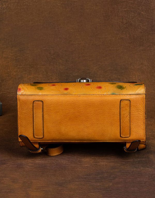 Chic Yellow Floral Embossing Calf Leather Women's Tote Handbag