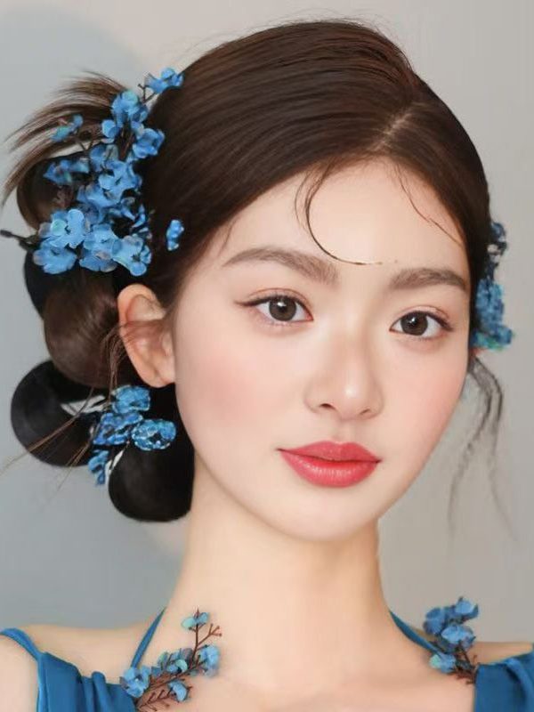 Chinese Style Blue Alloy Acrylic Floral Hairpin Suit