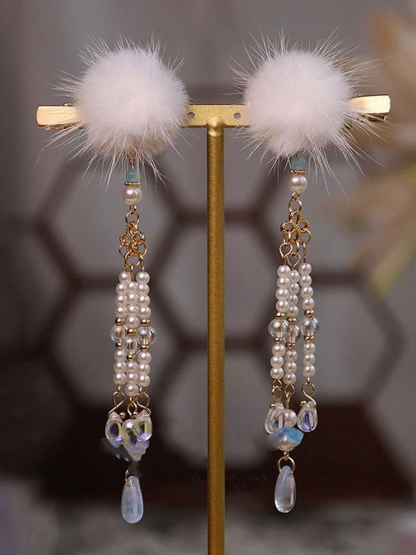 Chinese Style Blue Alloy Pearl Colored Glaze Mink Hair Hairpin Three-piece set