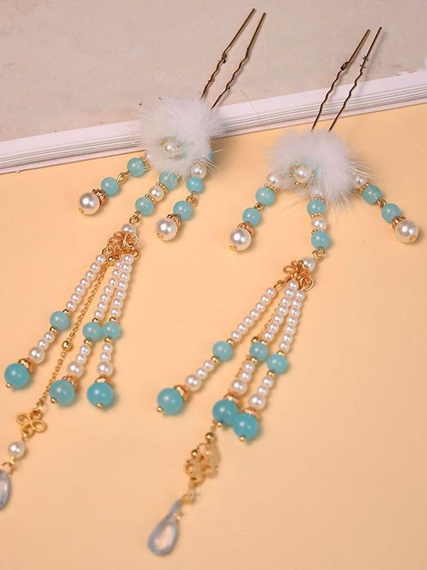 Chinese Style Blue Alloy Pearl Colored Glaze Mink Hair Hairpin Three-piece set