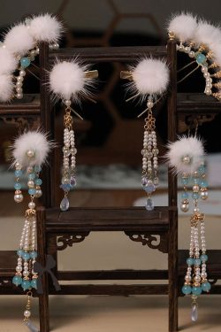 Chinese Style Blue Alloy Pearl Colored Glaze Mink Hair Hairpin Three-piece set