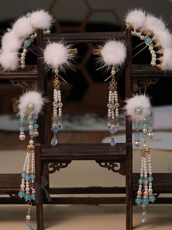 Chinese Style Blue Alloy Pearl Colored Glaze Mink Hair Hairpin Three-piece set