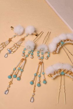 Chinese Style Blue Alloy Pearl Colored Glaze Mink Hair Hairpin Three-piece set