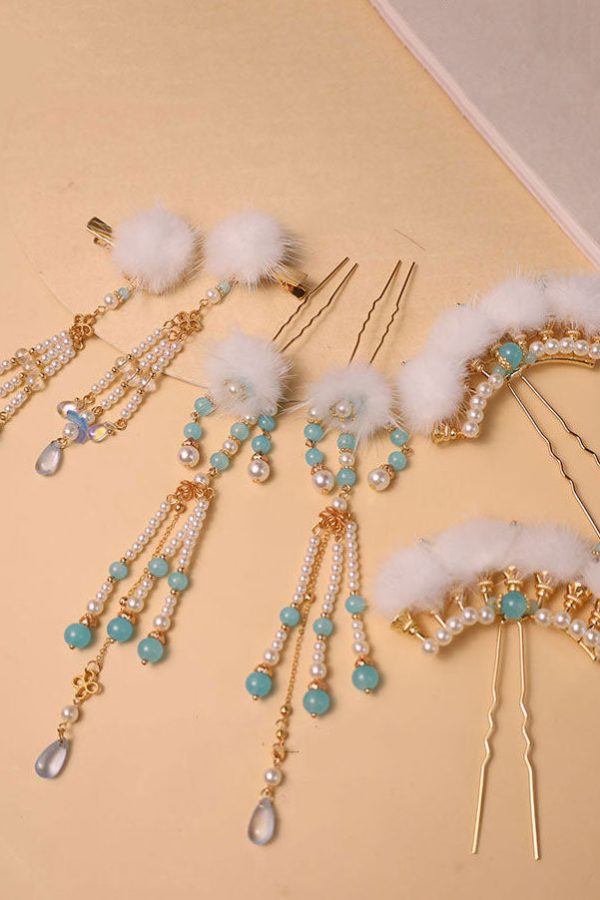 Chinese Style Blue Alloy Pearl Colored Glaze Mink Hair Hairpin Three-piece set