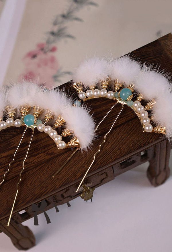 Chinese Style Blue Alloy Pearl Colored Glaze Mink Hair Hairpin Three-piece set