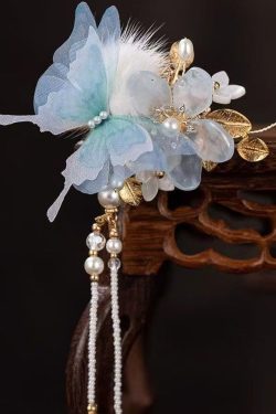 Chinese Style Blue Alloy Zircon Resin Butterfly Beading Tassel A Pair Hairpin