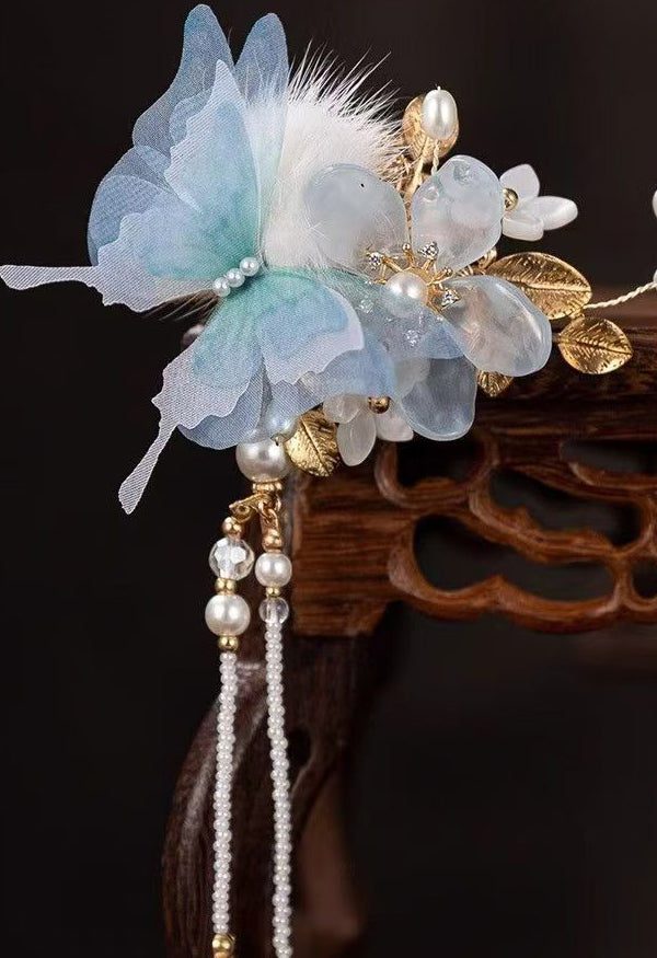 Chinese Style Blue Alloy Zircon Resin Butterfly Beading Tassel A Pair Hairpin