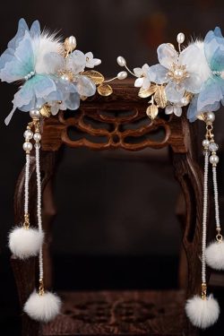 Chinese Style Blue Alloy Zircon Resin Butterfly Beading Tassel A Pair Hairpin