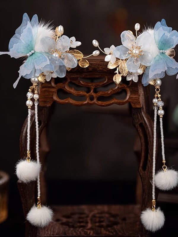 Chinese Style Blue Alloy Zircon Resin Butterfly Beading Tassel A Pair Hairpin