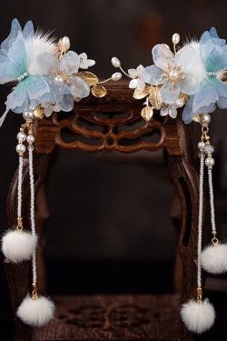 Chinese Style Blue Alloy Zircon Resin Butterfly Beading Tassel A Pair Hairpin