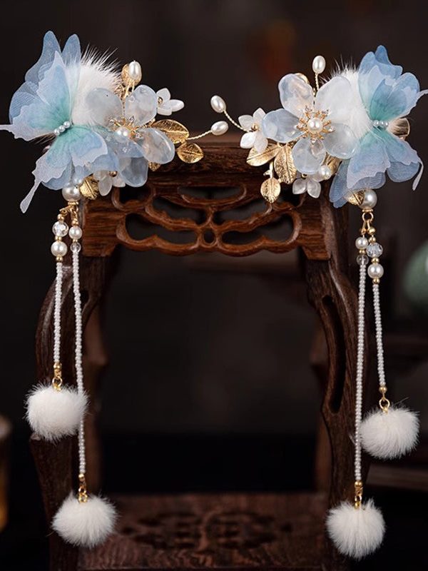 Chinese Style Blue Alloy Zircon Resin Butterfly Beading Tassel A Pair Hairpin