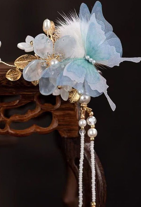 Chinese Style Blue Alloy Zircon Resin Butterfly Beading Tassel A Pair Hairpin