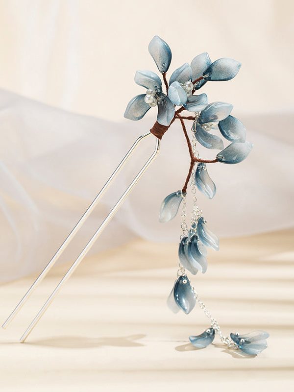 Chinese Style Blue Copper Alloy Colored Glaze Tassel Hairpin