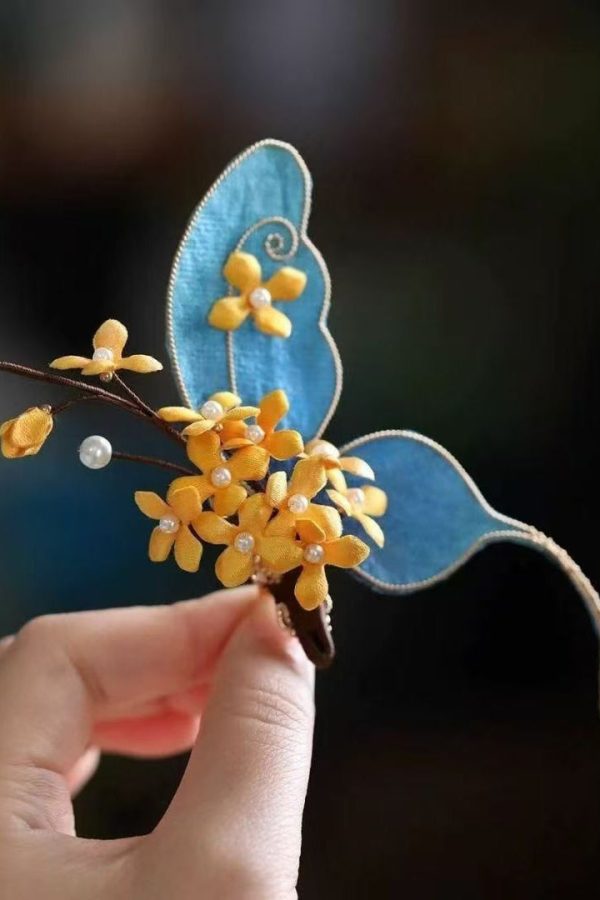Chinese Style Blue Sterling Silver Overgild Butterfly Osmanthus Hairpin