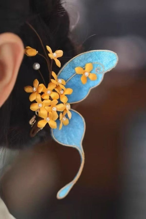 Chinese Style Blue Sterling Silver Overgild Butterfly Osmanthus Hairpin