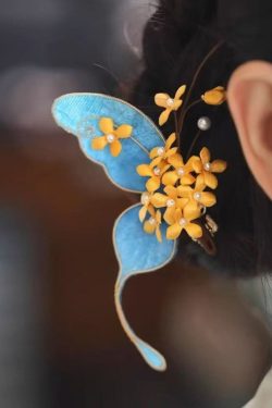 Chinese Style Blue Sterling Silver Overgild Butterfly Osmanthus Hairpin