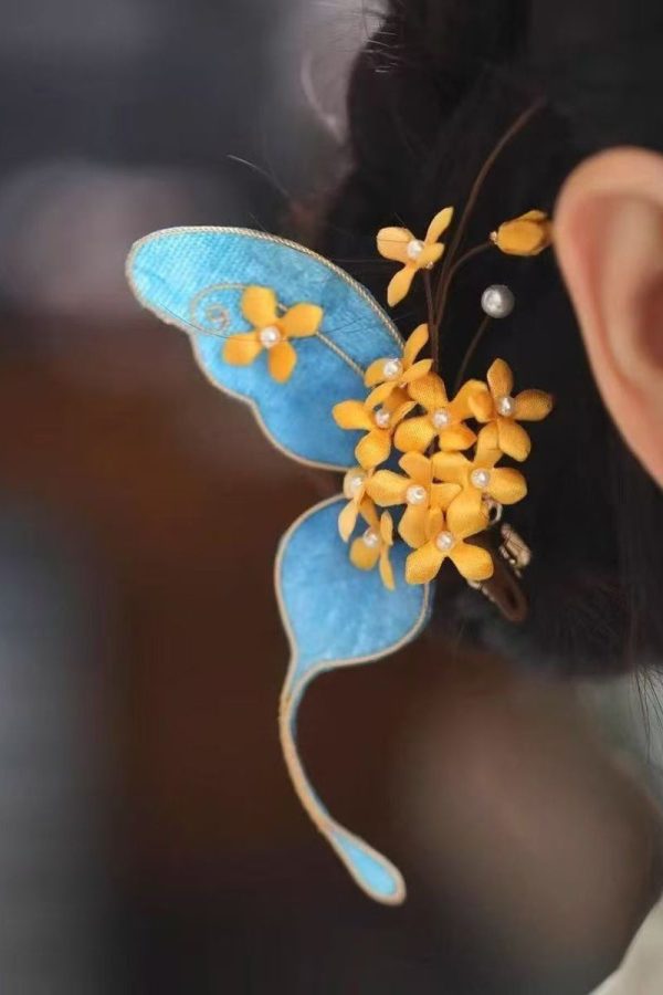 Chinese Style Blue Sterling Silver Overgild Butterfly Osmanthus Hairpin