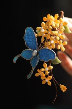 Chinese Style Blue Sterling Silver Overgild Butterfly Osmanthus Hairpin