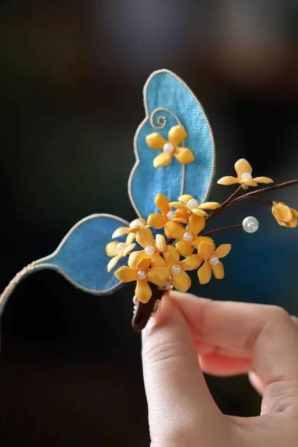 Chinese Style Blue Sterling Silver Overgild Butterfly Osmanthus Hairpin