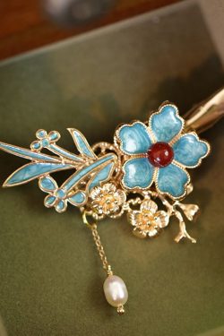Chinese Style Blue Sterling Silver Overgild Pearl Floral Tassel Hairpin