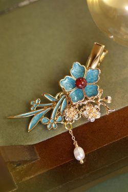 Chinese Style Blue Sterling Silver Overgild Pearl Floral Tassel Hairpin